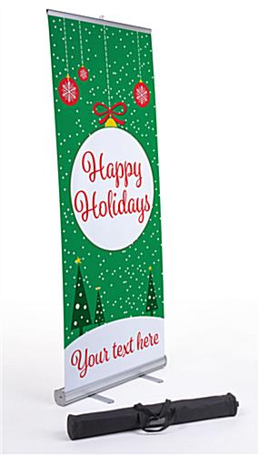 Portable "Happy Holidays" retractable business banner with personalized text "Happy Holidays" retractable business banner with carrying bag