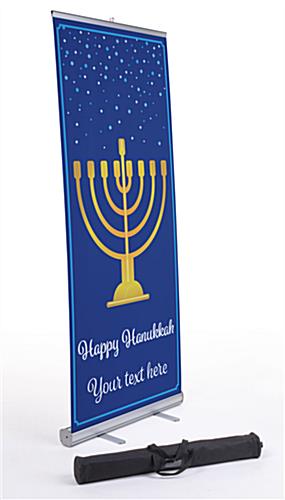 Retractable "Happy Hanukkah" business banner with custom text "Happy Hanukkah" business banner with deep blue background