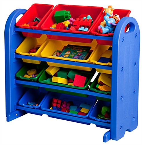 Propped View of Children's Plastic Storage Organizer Blue Children's Plastic Storage Organizer