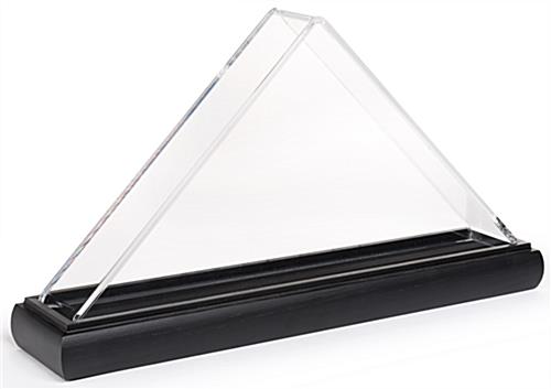 Clear Triangle Acrylic US Flag Box - Ideal for Displaying Commemorative Banners Clear triangle acrylic US flag box with black base