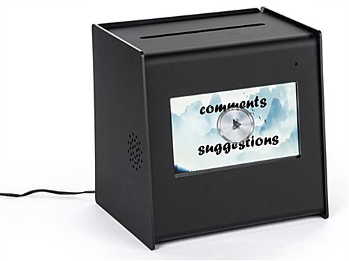 Suggestion Ballot Box with Video Screen Allows for Customized Messaging to be Switched Easily Black acrylic suggestion ballot box with video screen
