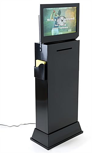 Floor Competition Entry Box with Video Screen Captures Guests' Attention Black freestanding floor competition entry box with video screen and sign holder