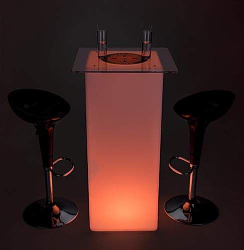 Logo Printed Top and Glowing Lights on Branded LED Highboy Table Set Branded LED highboy table set with logo printed top and glowing light