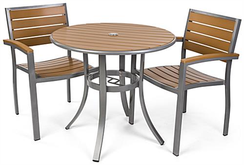 Round Outdoor Imitation Teak Table Set Comfortably Seats Two Round outdoor imitation teak table set with modern styling