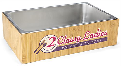 This Custom Printed Bamboo Ice Bin Will Look Great with Your Company Branding Custom printed bamboo ice bin with full color printing