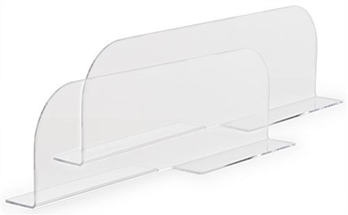 Use These Clear Acrylic Shelf Dividers to Help Organize Tier Space in Busy Storage Areas Clear acrylic shelf dividers come in a set of two