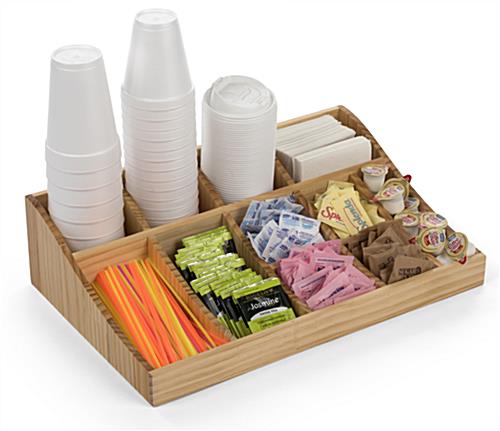 Gently Sloping Coffee Caddy Condiment Station Makes All Stocked Items Visibile Curved coffee caddy condiment station