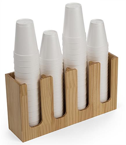 Cup And Lid Holder Organizer For Coffee Shops in Natural Wood Finish Creates a Contemporary Atmosphere Cup and lid holder organizer for coffee shops with four vertical slots