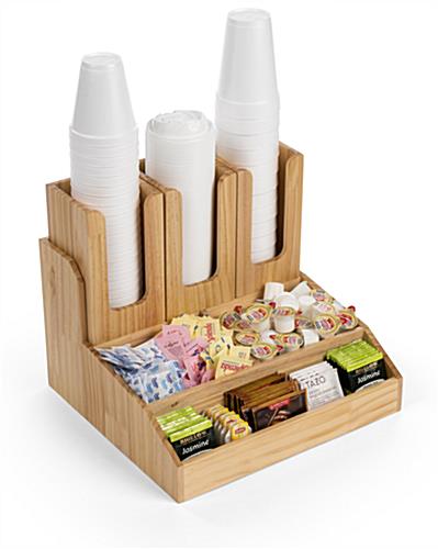 Multi-Tiered Breakroom Condiment Organizer Showcases All Offerings Natural wood breakroom condiment organizer