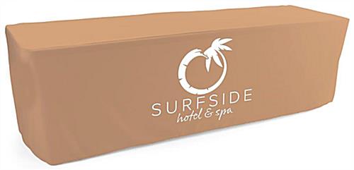These Custom Printed Fitted Tablecloths Feature 90" x 132" of Polyester Fabric for a Durable and Long Lasting Throw Custom printed fitted tablecloths with personal branding options