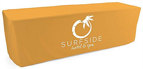 These Custom Printed Fitted Tablecloths Features an Easy to Clean Care Solution Which is Ideal for Multi-Use Custom printed fitted tablecloths for 8 foot long tables