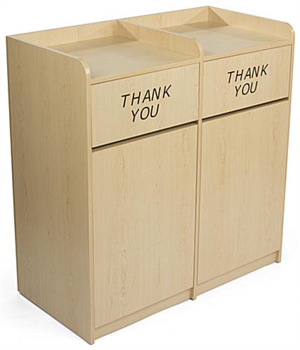 This Maple Wooden Restaurant Trash Can Features "Thank You" Message on Both Receptacles Maple wooden restaurant trash cans with side by side display