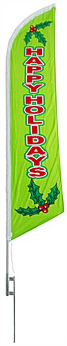 Happy Holidays green feather flag for seasonal advertising Happy Holidays green feather flag with mounting hardware