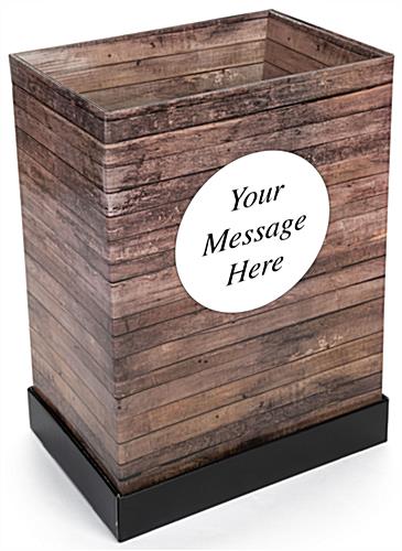 Custom Cardboard Dump Bin Rustic with Faux Wood Exterior Custom Cardboard Dump Bin Rustic with Personalized Graphic