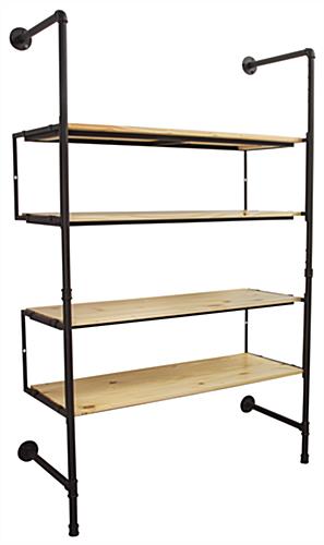 Industrial Pipe Shelving Wall Unit with 2 Outriggers Mounted Industrial Pipe Shelving Wall Unit