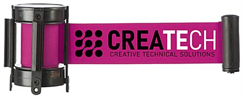 Pink Stanchion Belt With 2-Color Logo Printing on One or Both Sides Pink stanchion belt with 2-color logo printing and retractable band