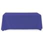 Royal blue polyester table cover with overlock stitching to prevent fraying