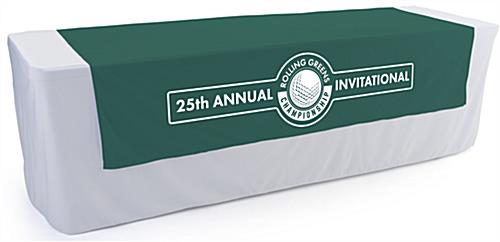 This Forest Green Printed Table Runner Is Perfect For Showcasing Your Products at Farmers Markets Forest green printed table runner with flame retardant treated fabric