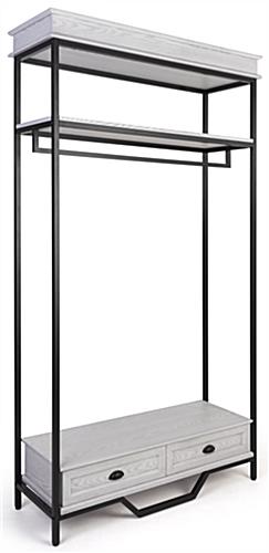 This Farmhouse Industrial Clothing Rack Makes a Bold Statment in Your Retail Establishment Farmhouse industrial clothing rack with black powder coated frame