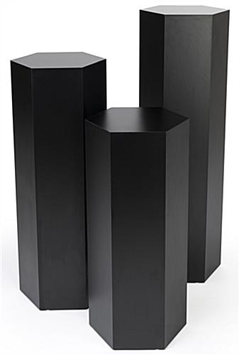 This Hexagon Museum Plinth Set Is Perfect for Retail Stores and Gift Shops Hexagon museum plinth set with durable laminated black particle board design