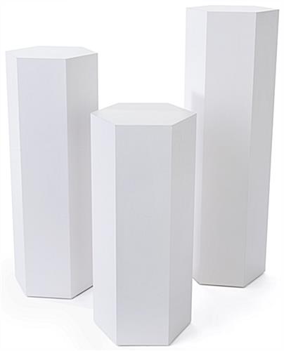 This Set of 3 Hexagonal Gallery Pedestals Have a Sleek Design That Will Really Make Your Products Stand Out Set of 3 hexagonal gallery pedestals with overall width of 13.75 inches