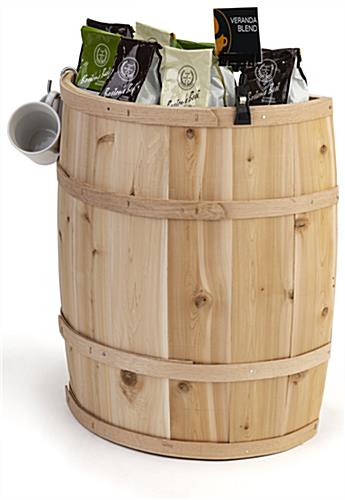 This Split Half Barrel Display Can Have Multiple Units Back to Back or be Showcased Against the Wall Split half barrel display with natural finish