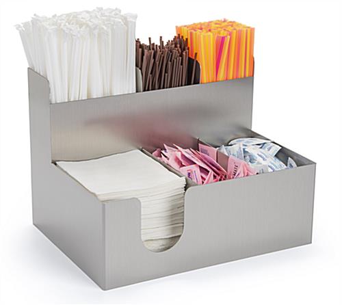 Beverage Station Organizer with Front Cutout for Easy Napkin Access Beverage station organizer with 6 multi-sized compartments