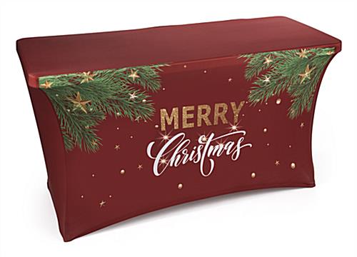 Spruce up Parties and Winter Bazaars with this 4’ “Merry Christmas” Stretch Table Cover 4’ “Merry Christmas” stretch table cover with holiday artwork