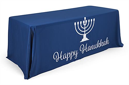 Blue 6' "Happy Hanukkah" Cloth Table Cover with White Menorah Graphic 6' "Happy Hanukkah" cloth table cover with pre-printed graphics
