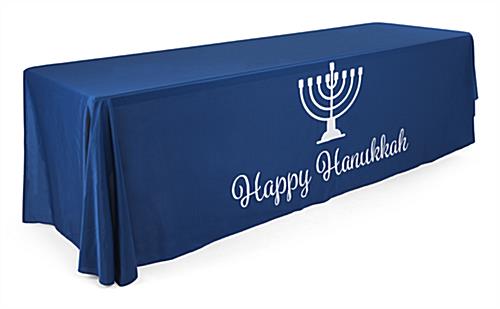 8' "Happy Hanukkah" Cloth Table Cover With Graphic And Message 8' "Happy Hanukkah" cloth table cover with visual