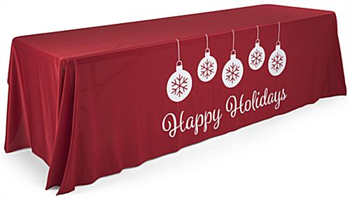 Red 8' "Happy Holidays" Imprinted Table Cloth 8' "Happy Holidays" imprinted table cloth with ornament visuals