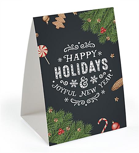 "Happy Holidays" Table Tent For Retail Features Double-Sided Artwork "Happy Holidays" table tent for retail with seasonal artwork & message
