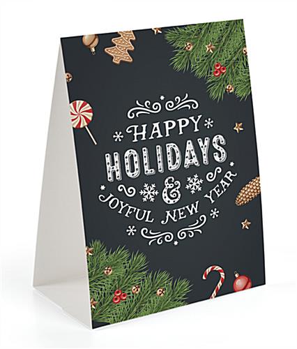 Stock Graphic Happy Holidays Chalkboard Printed Table Tent Happy holidays chalkboard printed table tent with green spruce swags