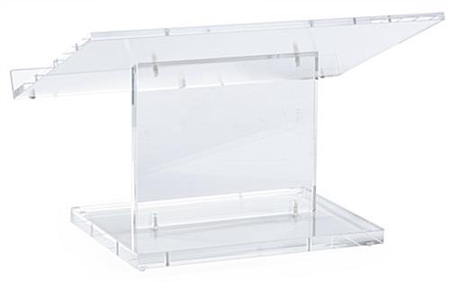 Clear Tabletop Lectern is Shipped Knocked Down for Cheap Shipping Clear Tabletop Lectern has a 1.25" Book Stop