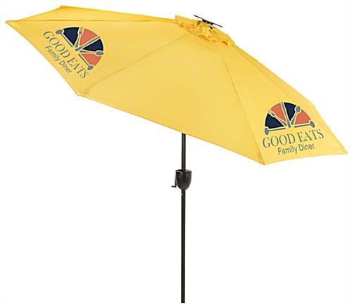 Lights and Bluetooth Speaker Are Great for Dining After Dark Yellow Custom Patio Umbrella with Company Graphics