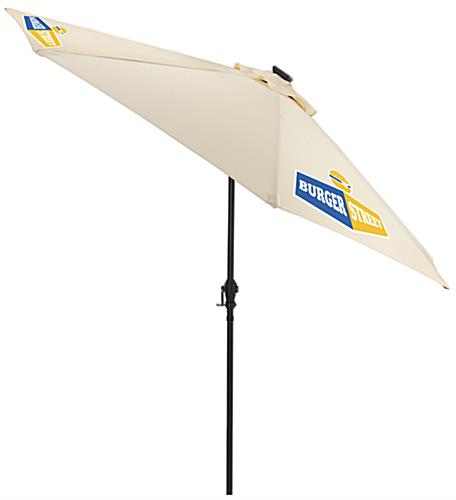 This Outdoor Patio Umbrella with LED Lights is Perfect for Dark Outdoor Spaces Beige Outdoor Patio Umbrella with Company Logo Printed on Canopy