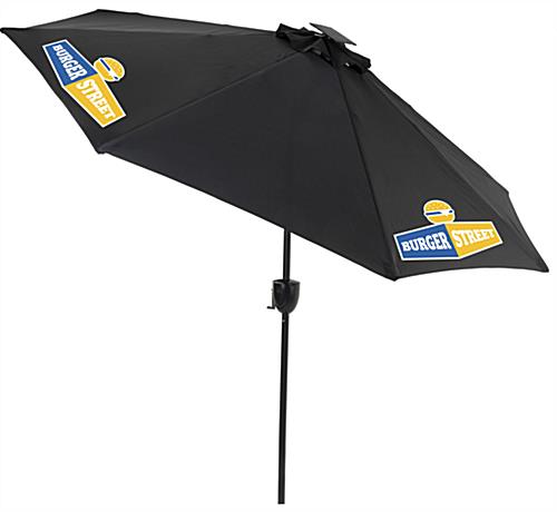 Black Cafe Umbrella with LED Lights and Bluetooth Connection Black Cafe Umbrella with LED Lights and Custom Graphics