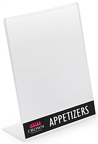 Showcase your business logo on this custom-printed slant-back sign holder 8 x 10 Custom Acrylic Slanted Sign Holder