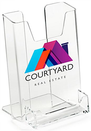 Increase exposure with a custom-printed logo on the face of this brochure holder 4" Acrylic Customized Brochure Holder with Business Card Pocket