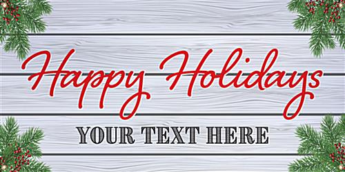 Festive 4' x 2' holiday hanging business banner with custom text 4' x 2' holiday hanging business banner with personalized messaging