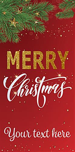 Personalized 4' x 8' "Merry Christmas" hanging business banner 4' x 8' "Merry Christmas" hanging business banner with red snowy design