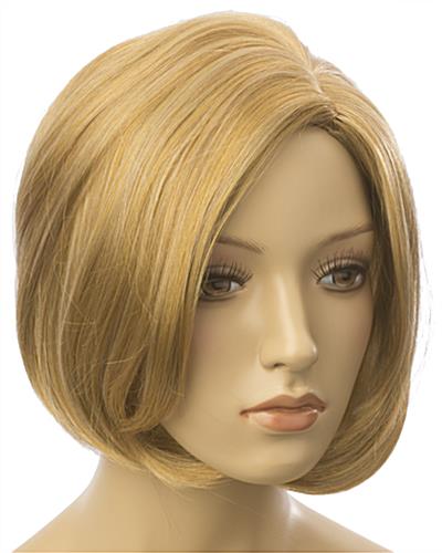Oblique View Female Blonde Mannequin Wig is Soft & Natural Feeling