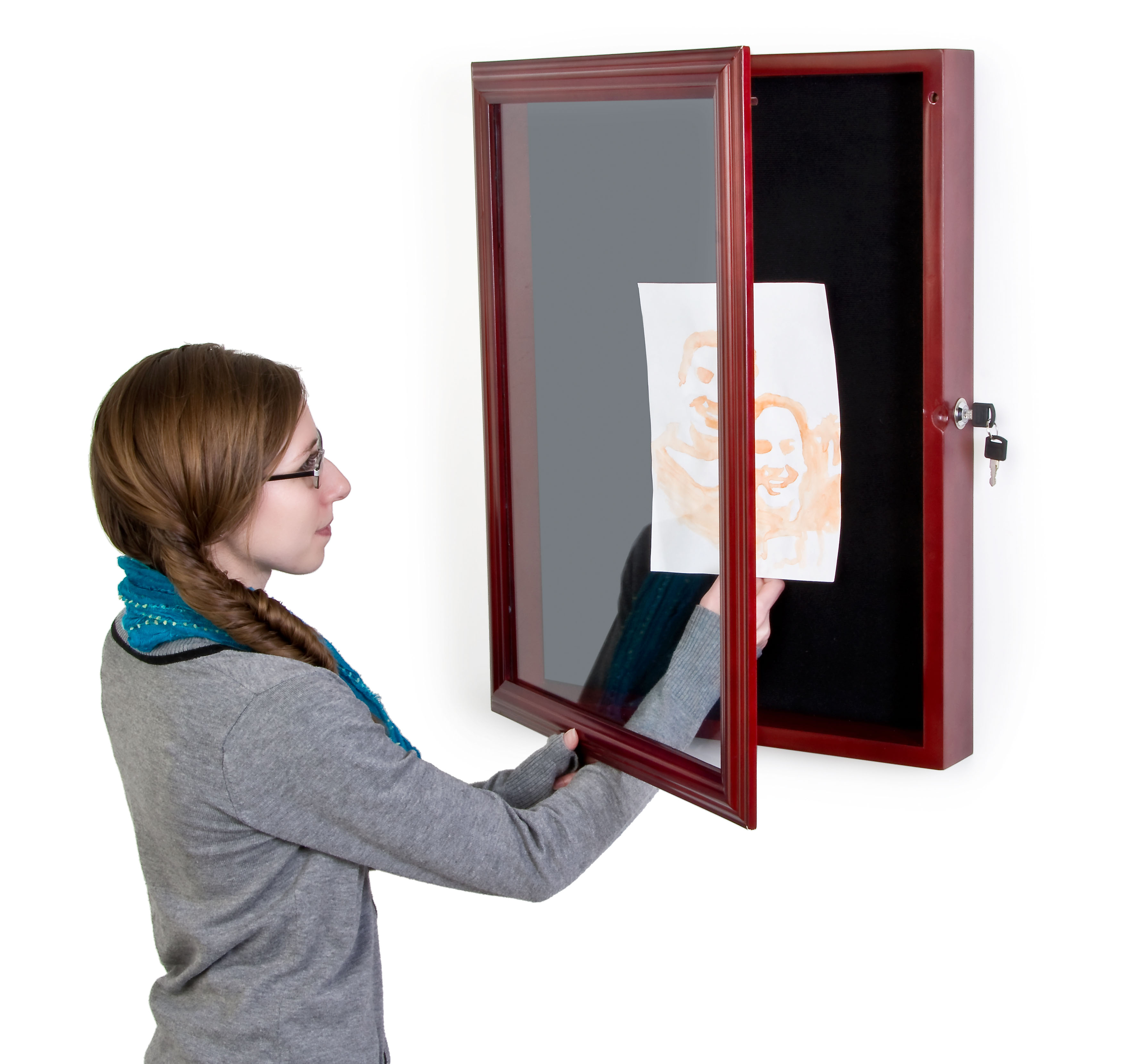 Lockable Shadowboxes Cherry Shadowbox Frame w/ Locking Door for Use in Public Environments ...