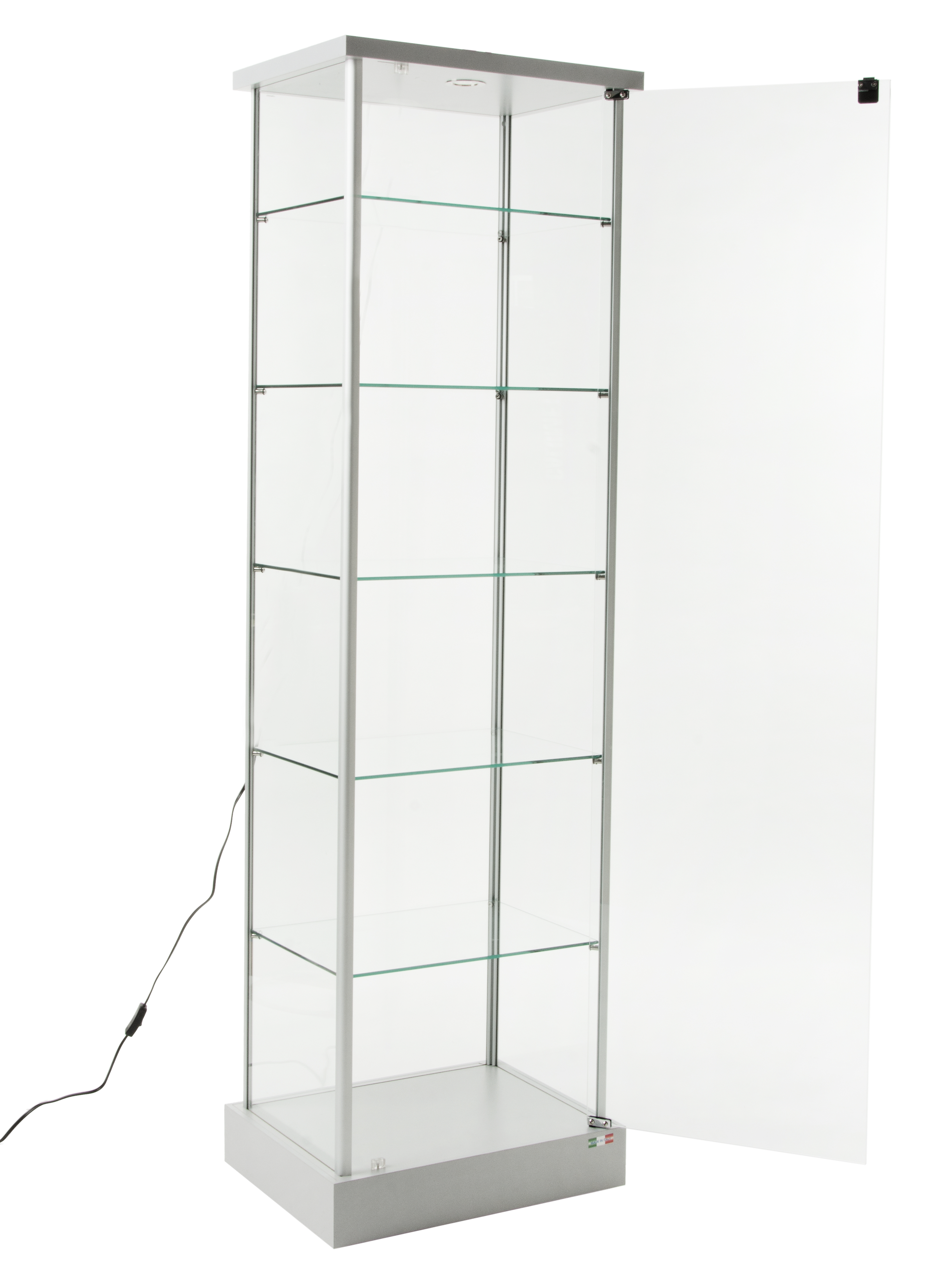 21.5" Glass Display Case with 5 Shelves, Top Lights, Wheels, Hinged Door - Silver - Image 2