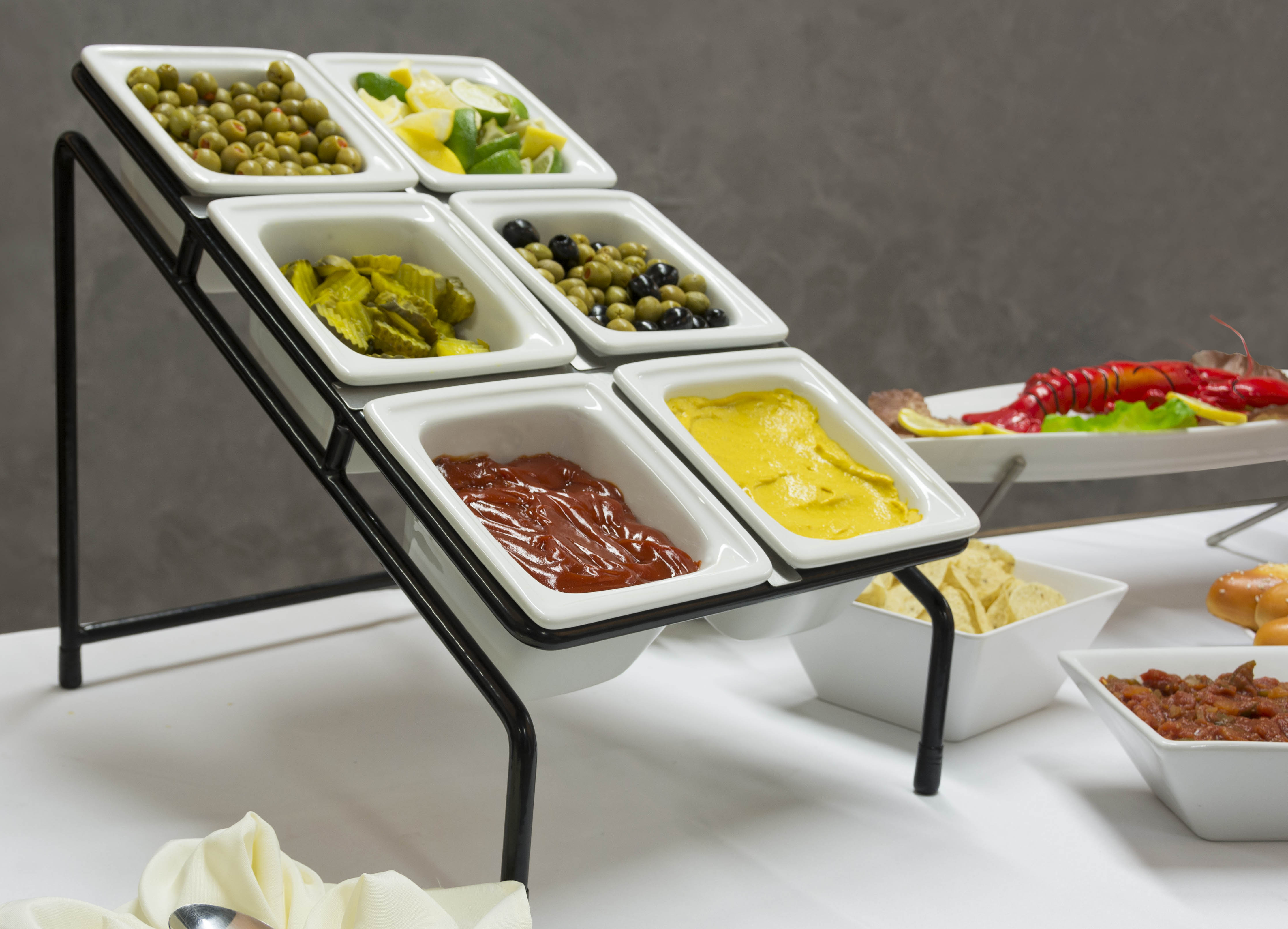 Condiment Serving Dishes Stand | (6) Deep Pans for Buffet Use | Displays2Go