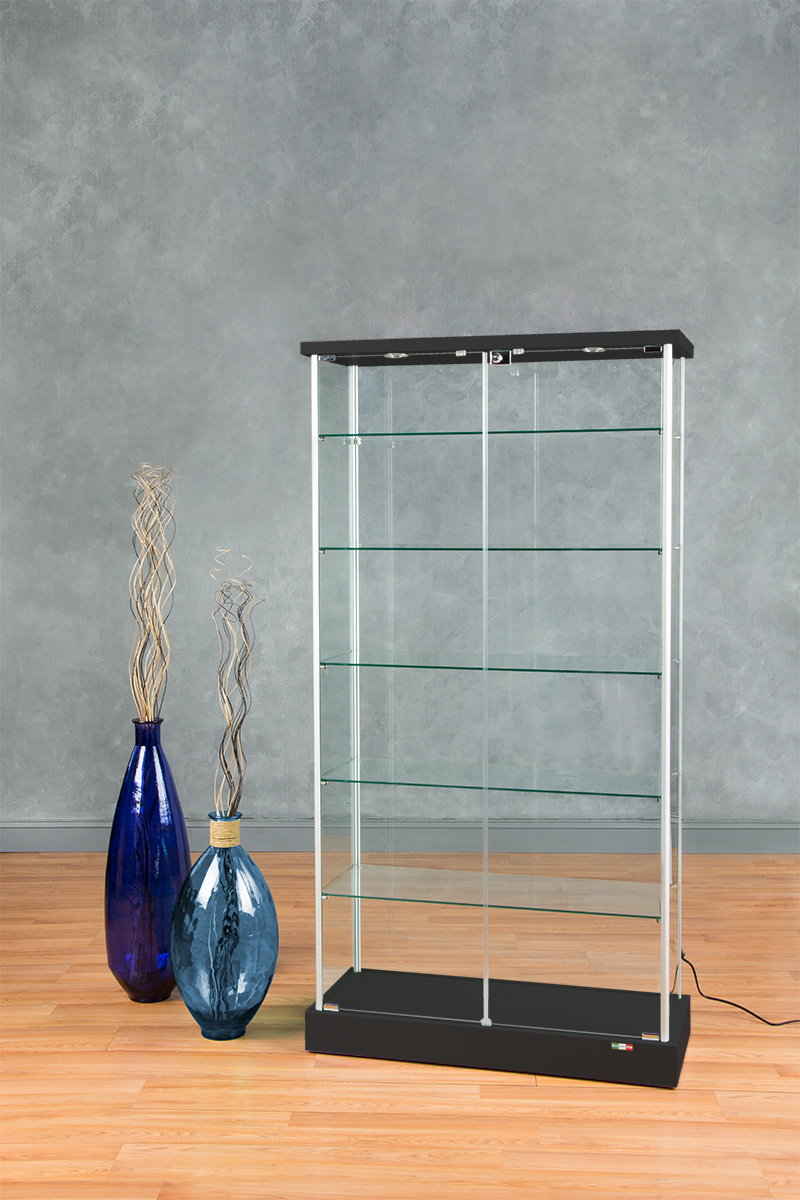 37" Glass Display Case w/5 Shelves, 2 Top Lights, Hidden Wheels & Hinged Door - Black - Image 7