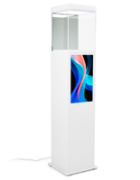 Exhibit pedestal case with video screen in modern pearl white
