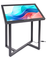 Interactive touch screen kiosk with geometric base 
