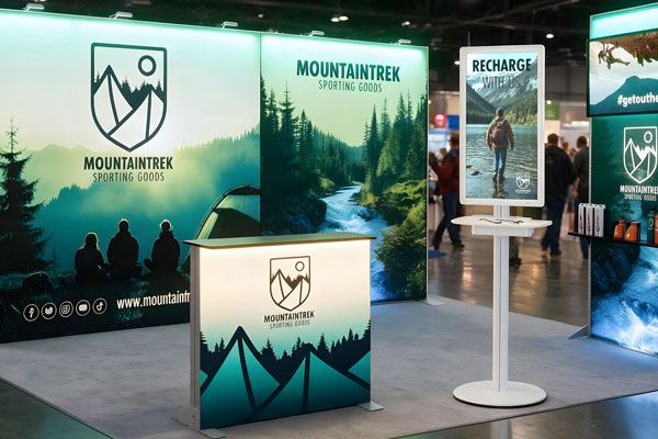 A trade show booth at an event showing a digital charging station integrated with static booth elements