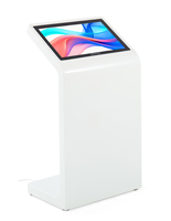 Floor standing touch screen kiosk with optional customizable graphic add on